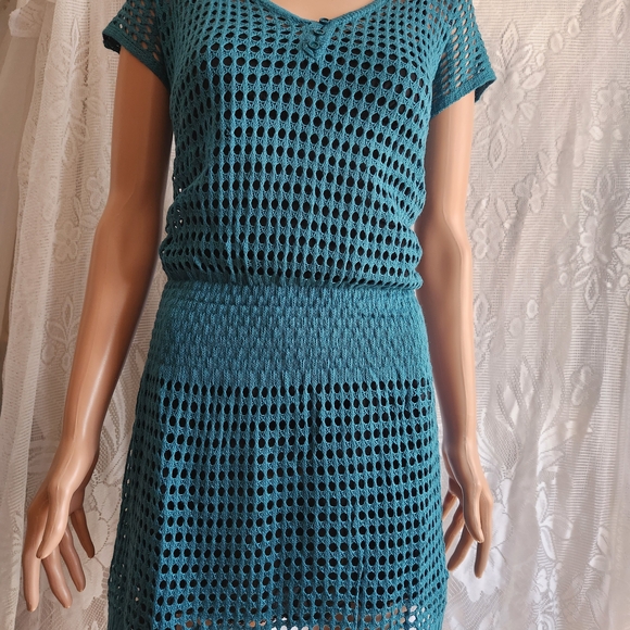 Women’s Teal Crochet Swim Coverup Dress with Button V-Neck - Picture 3 of 6